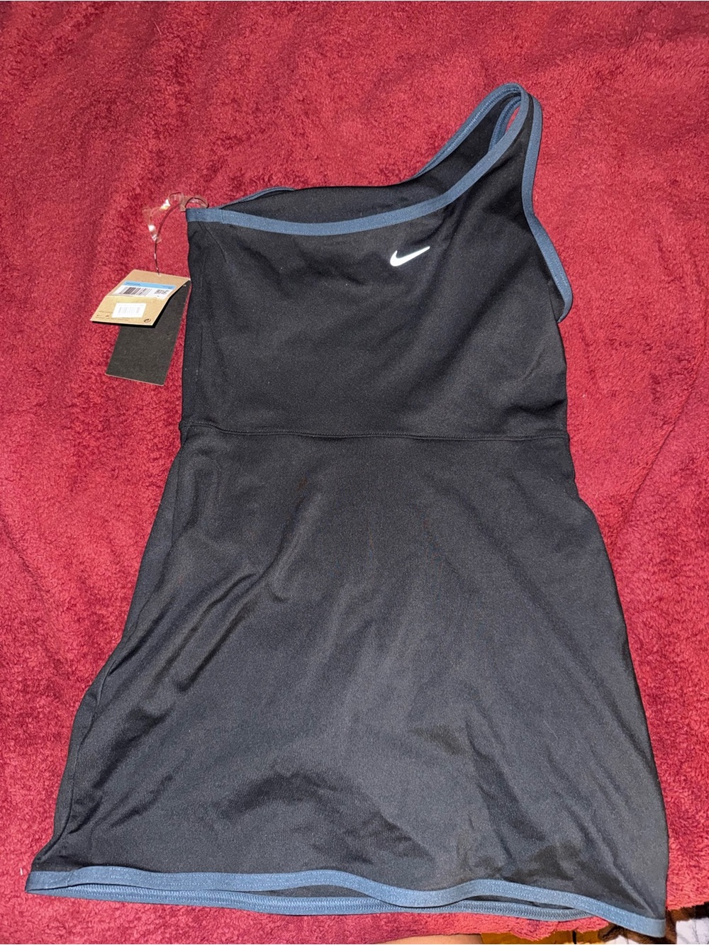 Nike Black One-Shoulder Asymmetrical Swim Dress with Blue Trim